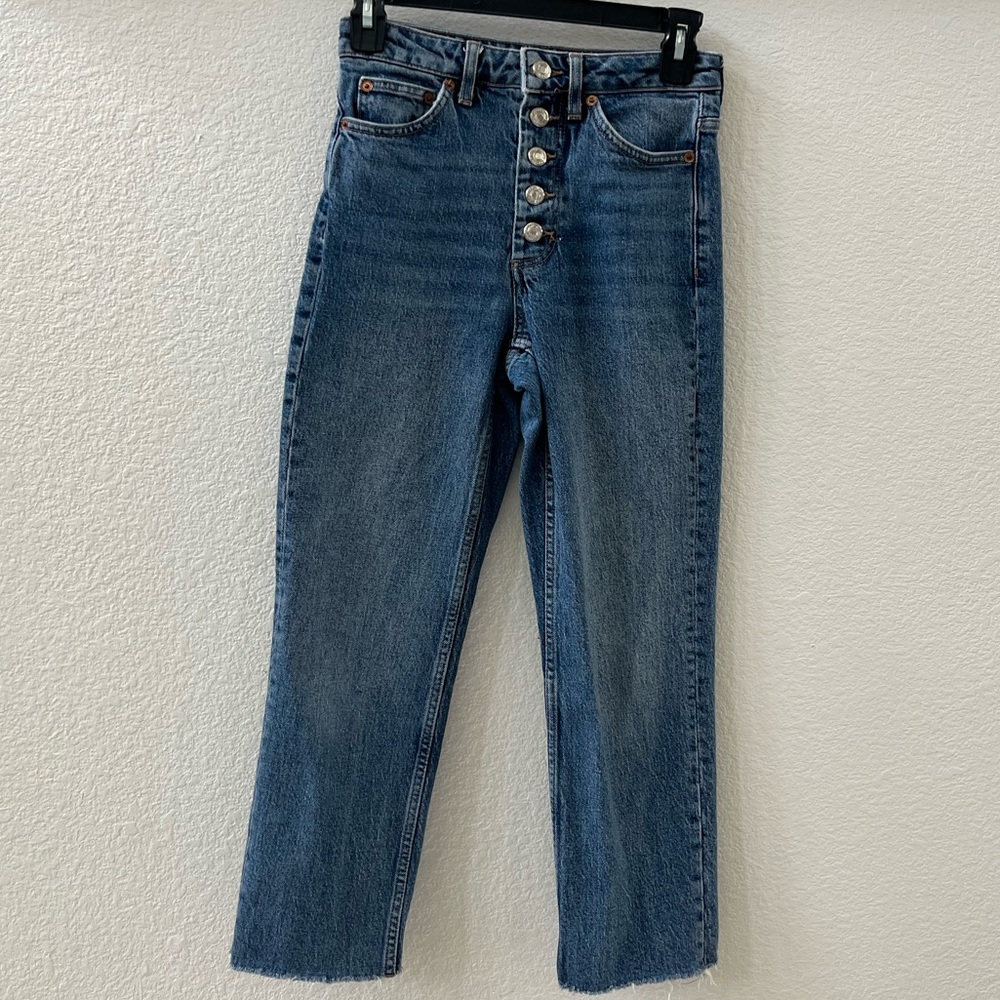 Topshop High Rise Straight Jeans Button Fly Raw Hem Size 2